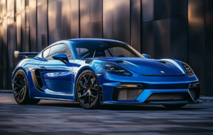 Blue Porsche 917 parked in a driveway.